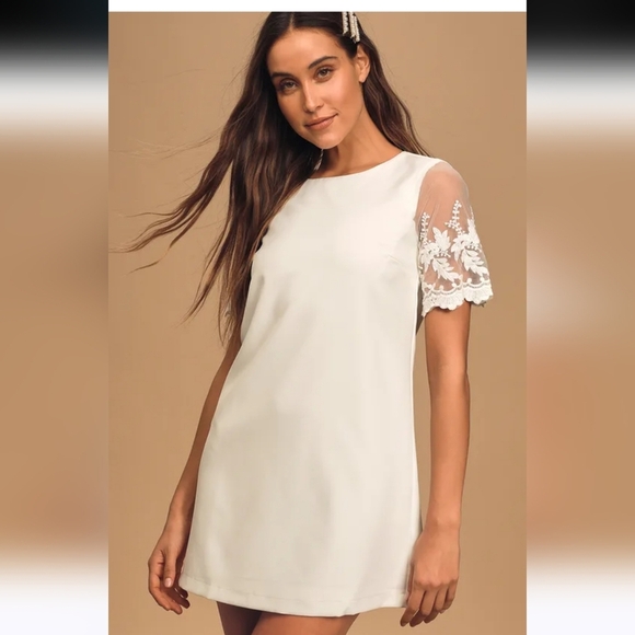 LULU'S Dance a Little Lace White Embroidered Short Sleeve Shift Dress. M NWT - Picture 5 of 16